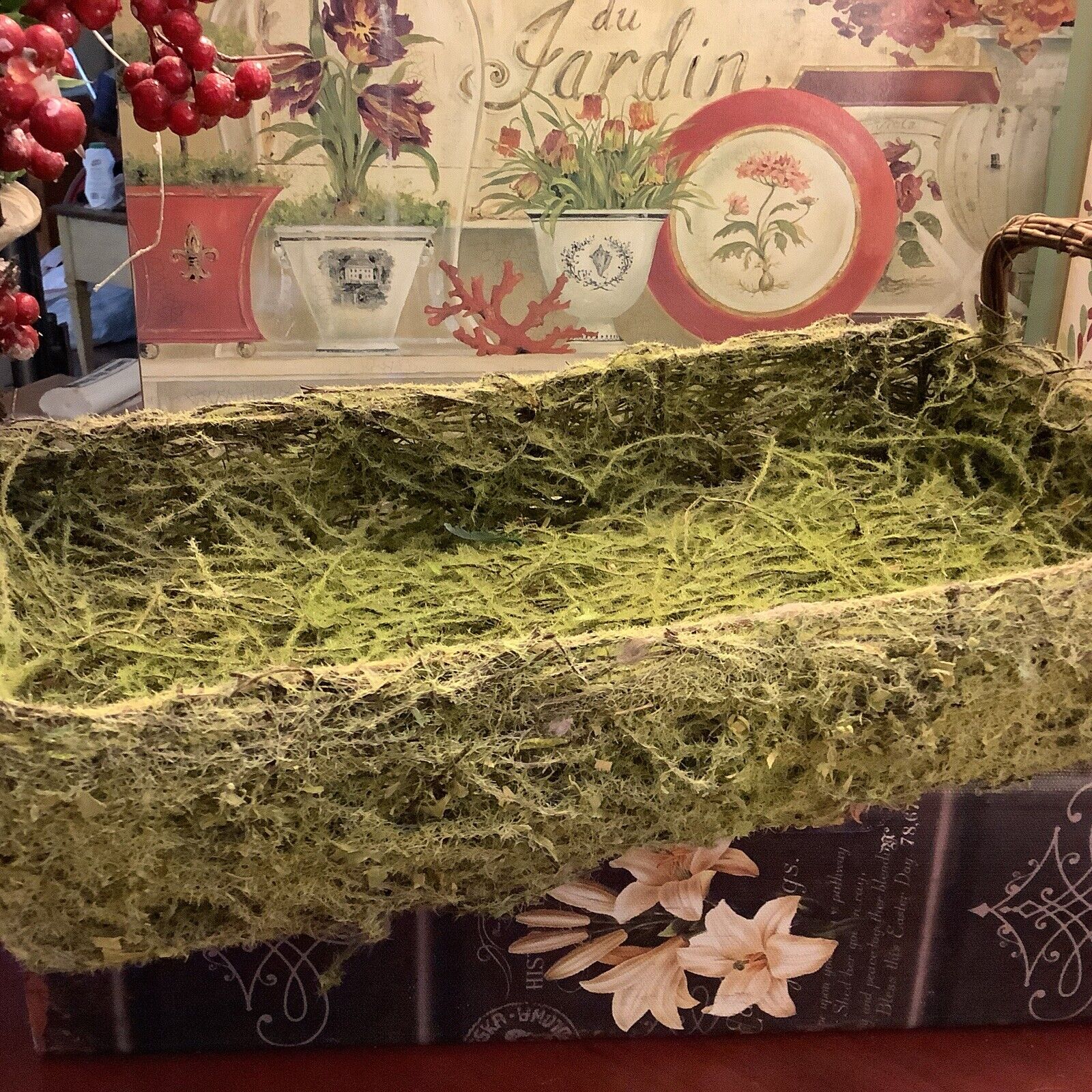 Long Twig Mossy Basket~w/Handles~14”L X 7.5”W~Farmhouse/French Country/Cottage~