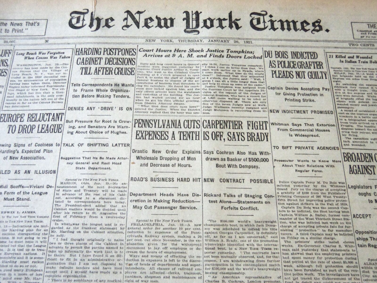 1921 JANUARY 20 NEW YORK TIMES - CARPENTIER FIGHT IS OFF - NT 6153