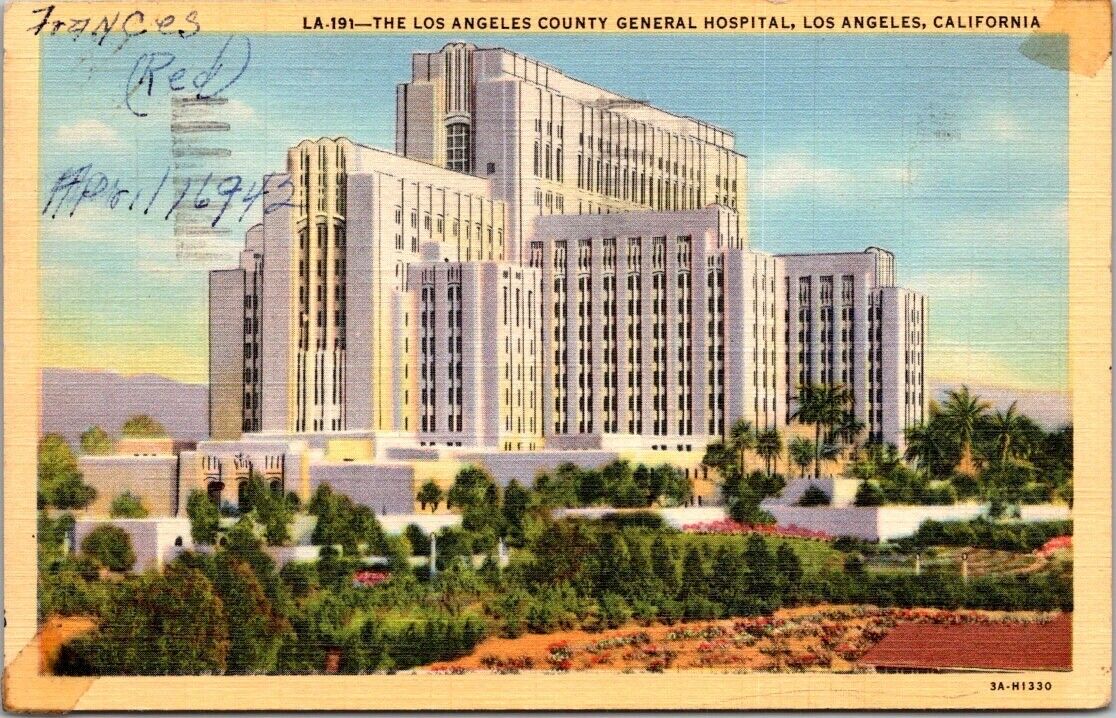 Los Angeles CA California County General Hospital Vintage Postcard PM 1941