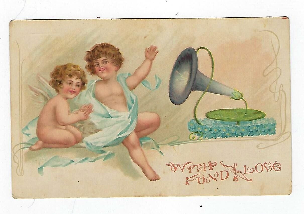 Early 1900's Valentine Postcard Two Cherubs & Forget-Me-Nots Phonograph