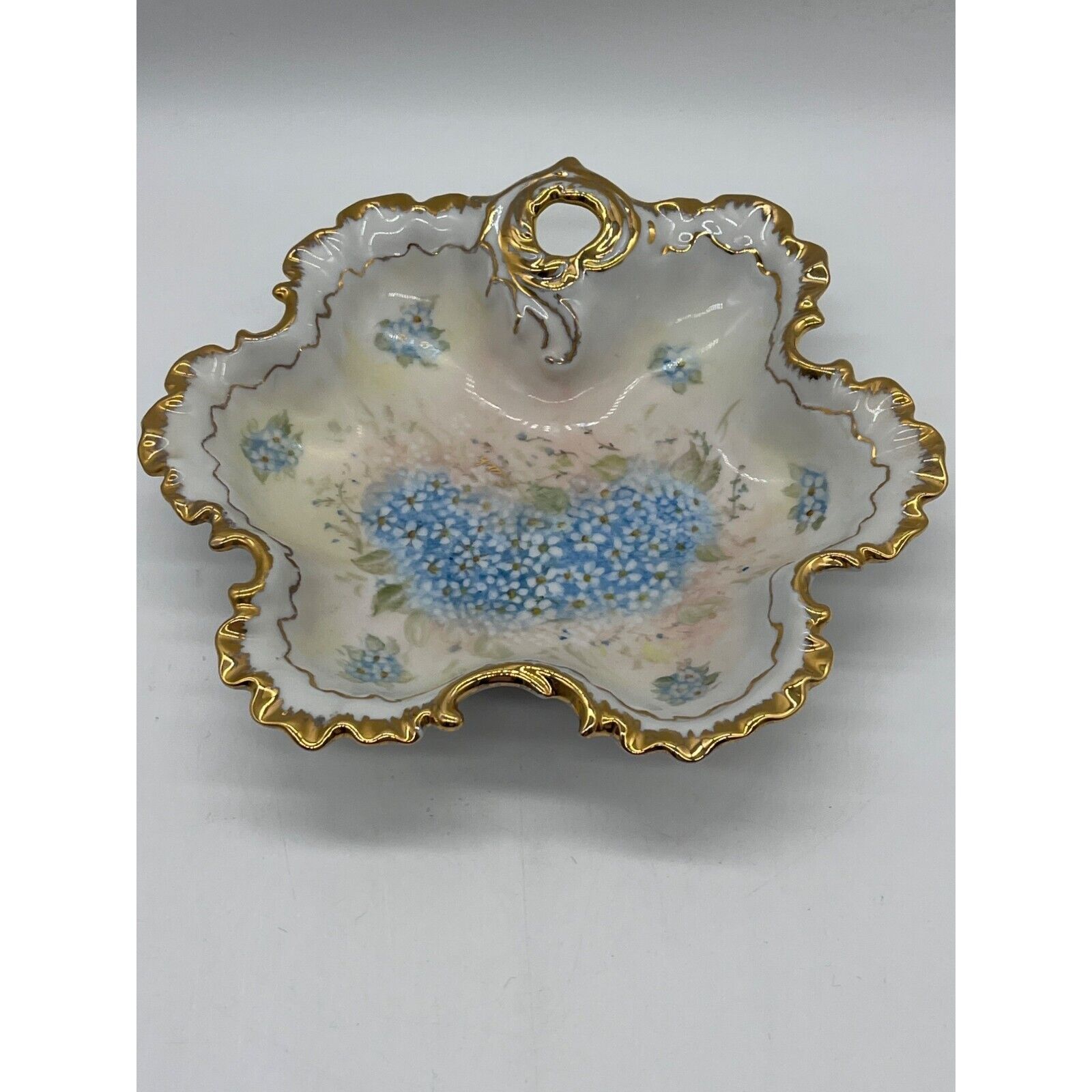 Vintage Hand Painted Floral Porcelain Candy Dish Bowl Gold Edging Artist Signed