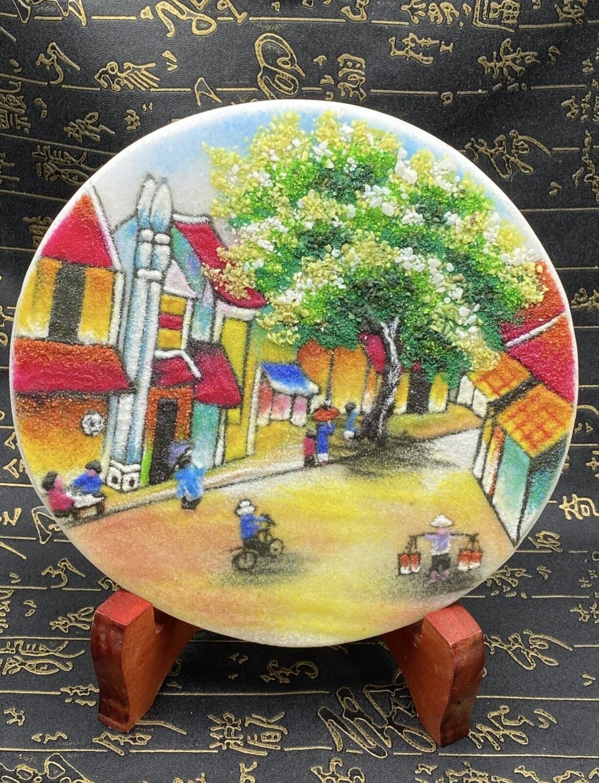 Stone painting handmade Village Vietnam,Home|Office Decor,19x19CM,3lb5oz