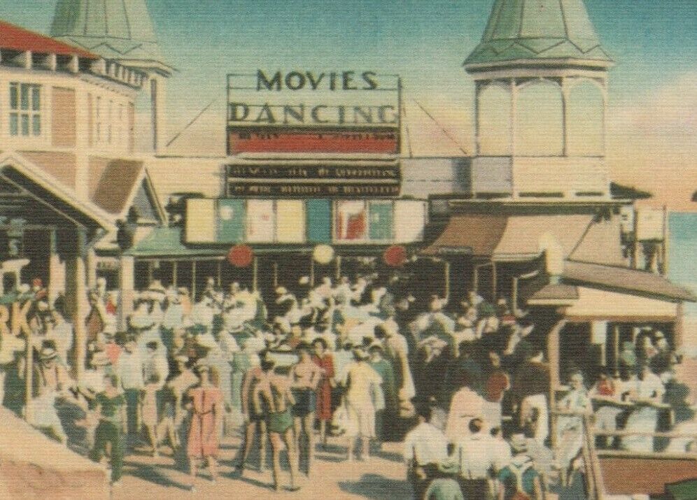 Old Orchard Beach Maine amusement center crowd movies dancing c1940s linen D119