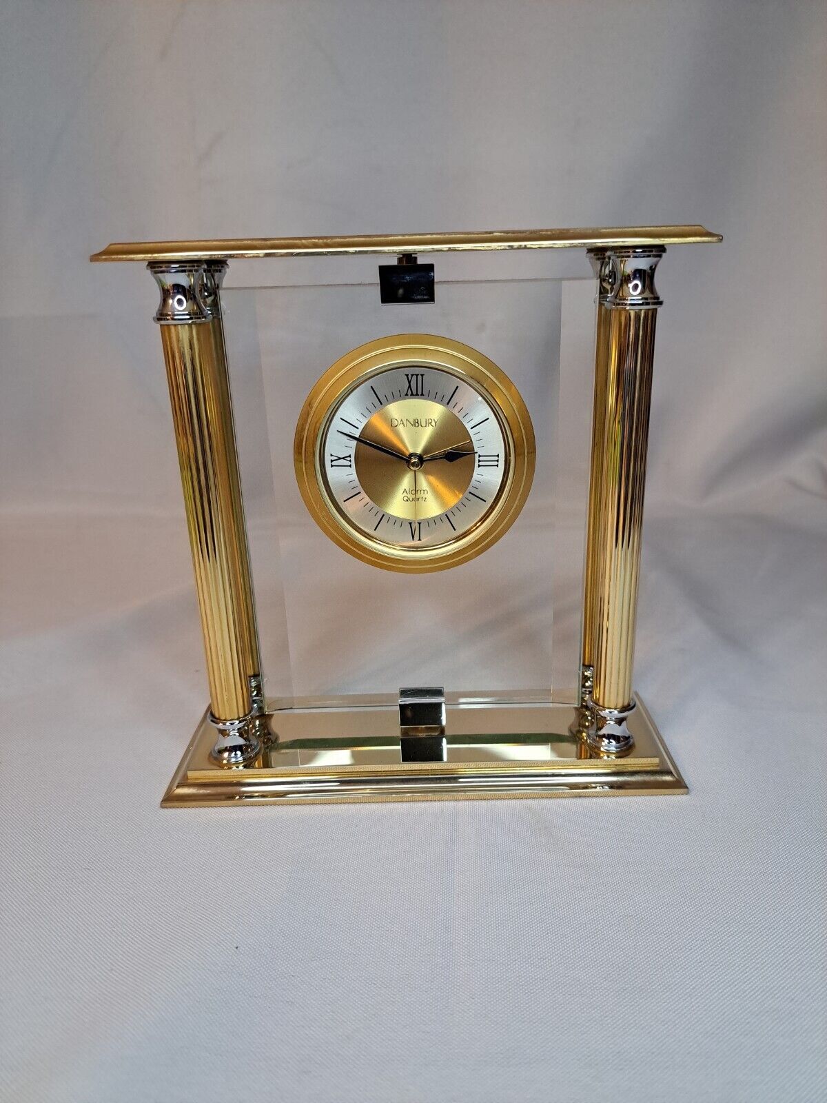 Danbury Brass Alarm Quartz Clock Roman Numerals Glass Mounted Columns 7x6.5\