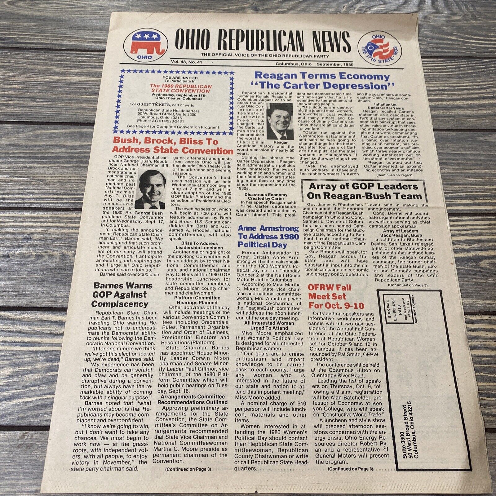 Vintage 1980 Ohio Republican News Vol 48 No 41 September Reagan Terms Economy