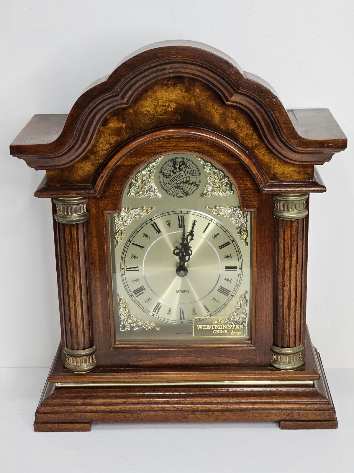 Tempus Fugit Full Westminster Chime Mantle Clock In Wood Case With Instructions