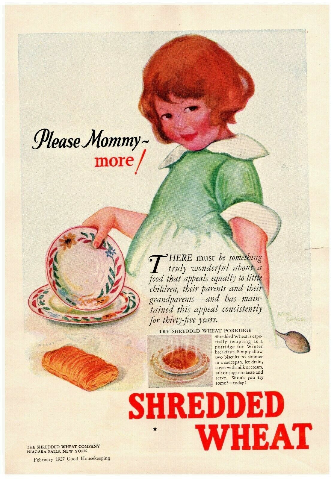 1927 Shredded Wheat Cereal Vintage Print Ad Adorable Girl Please Mommy More 