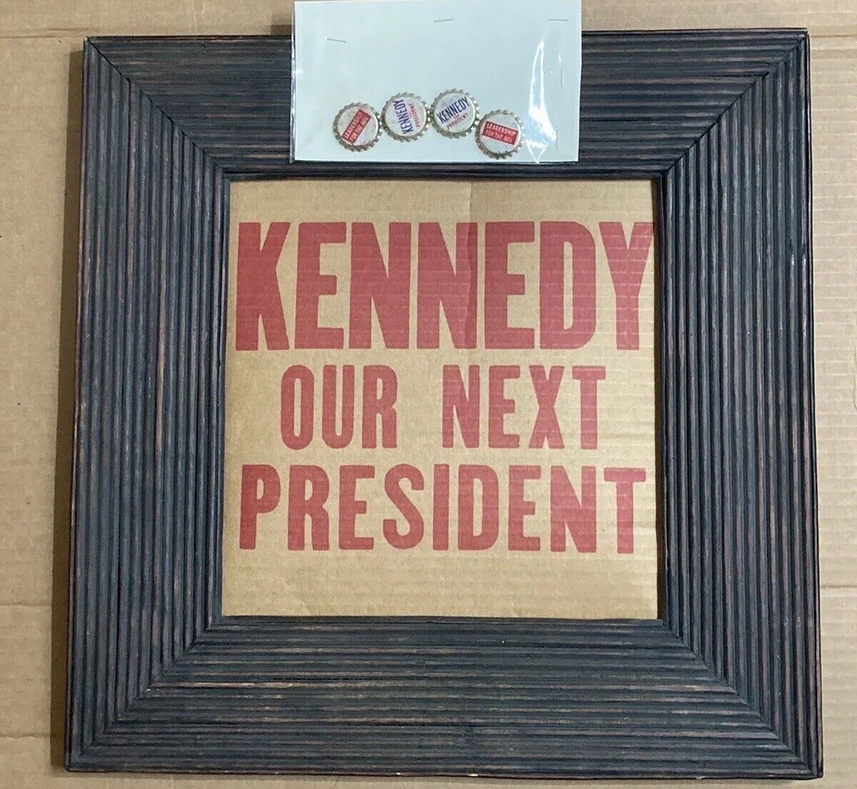 Vtg JFK Poster Sign Wood Framed 'Kennedy Our Next President' w/ Bottle Caps 1961