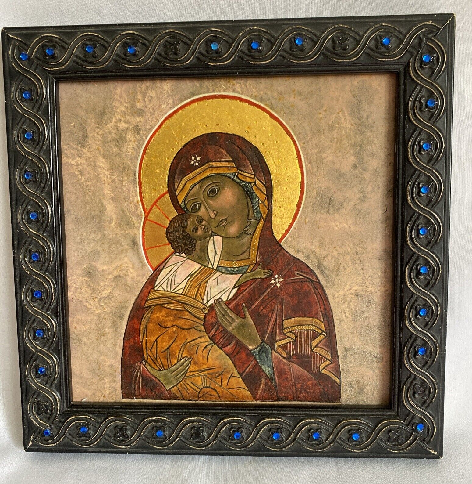 Vintage Hand Painted Orthodox Icon Vurgin Mary in Jeweled Wood Frame 7 3/8”