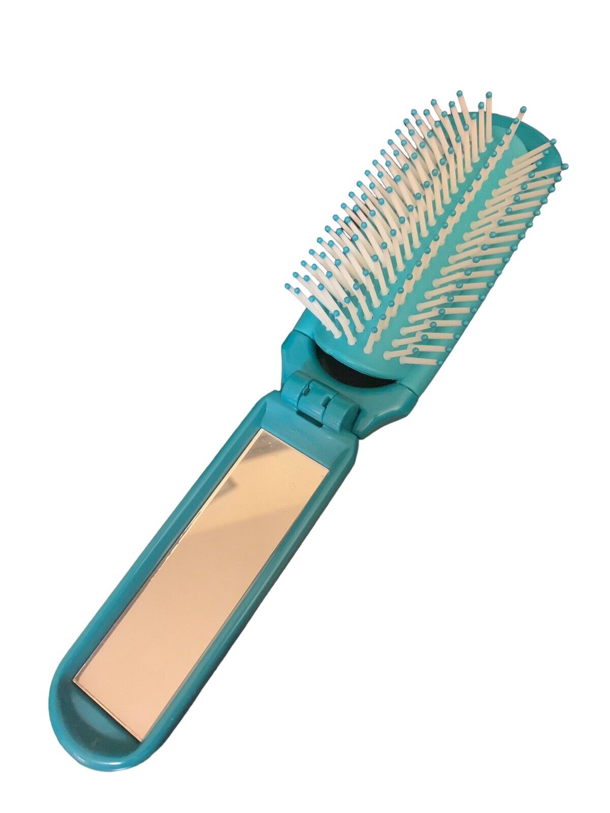Clinique Teal Folding ~ Pop Up Hair Brush Mirror Compact Travel Hairbrush Pocket