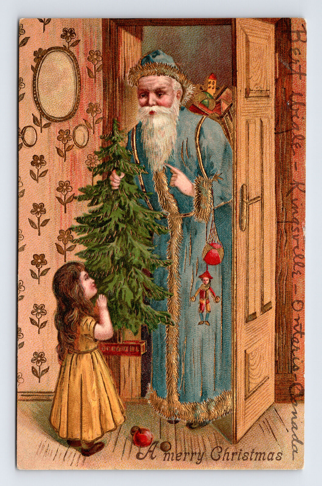 1905 Blue Robe Old World Santa Claus Doll Girl Merry Christmas Embossed Postcard