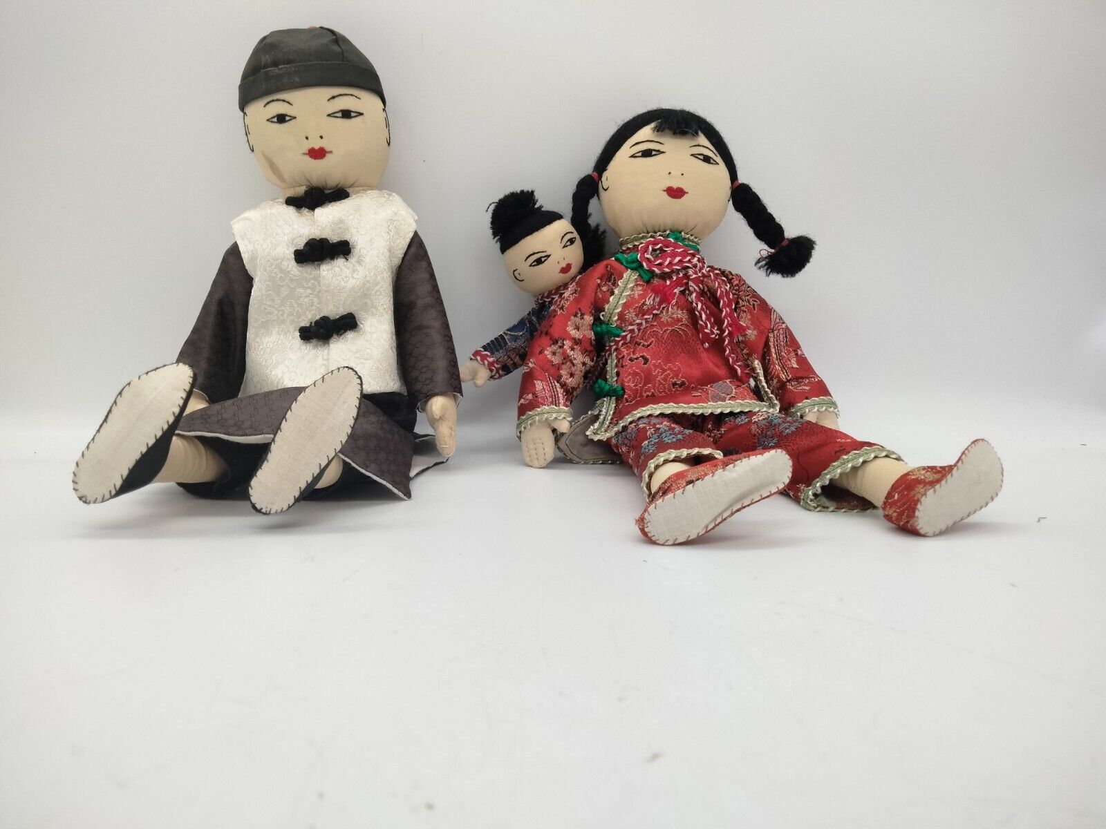 Vintage ADA LUM Hong Kong Set of 3 Chinese Cloth Dolls All Hand Sewn 1960's