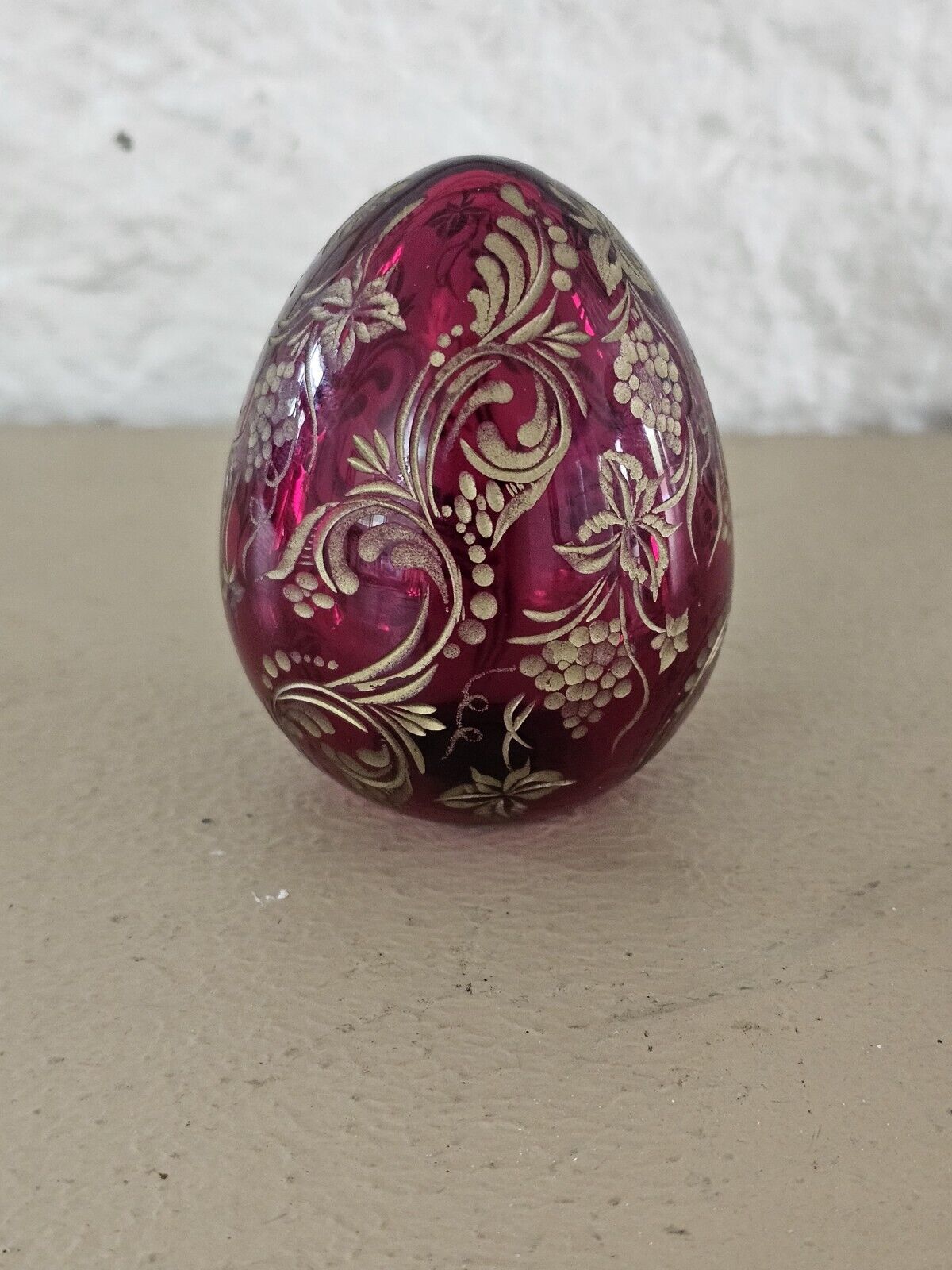 VTG Russian Faberge Ruby Red And Gold Etched Art Glass Egg Hand Finish