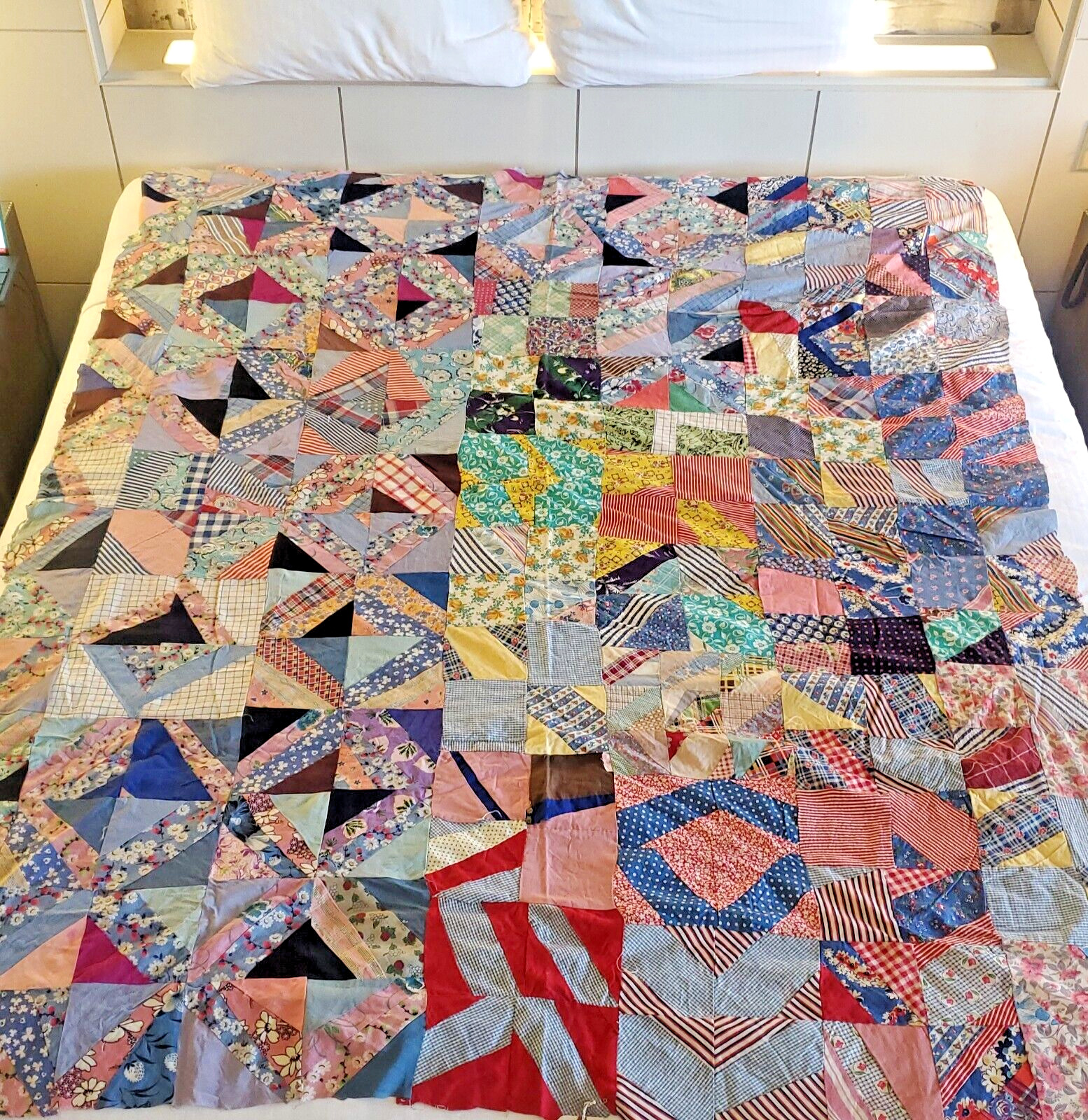 Vintage Crazy Quilt Top Handmade 84 X 63 Dated Early 1940s Feedsack Unfinished