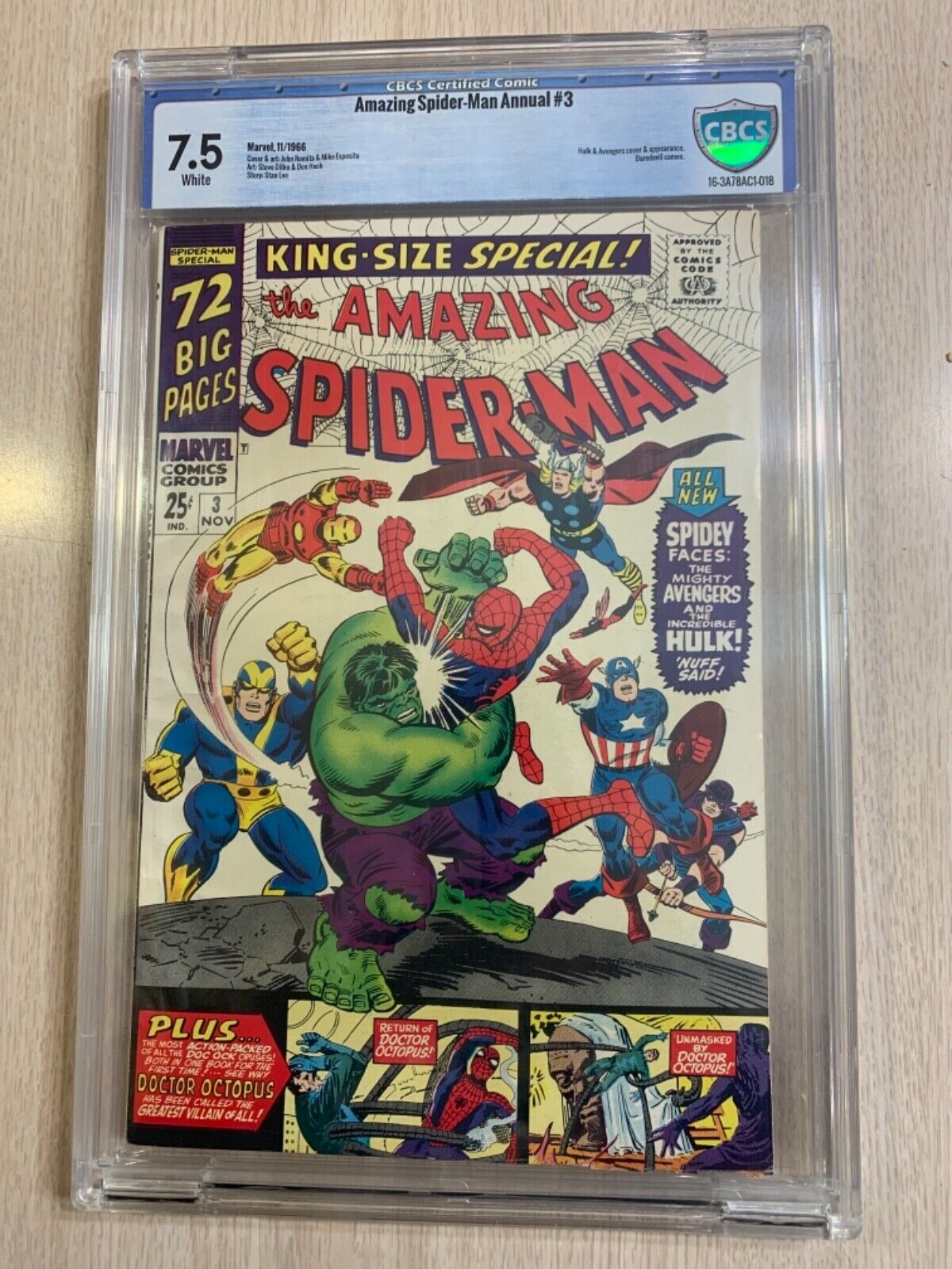 AMAZING SPIDER-MAN KING-SIZE SPECIAL ANNUAL 3 CBCS 7.5 LIKE CGC WHITE PAGES VF-