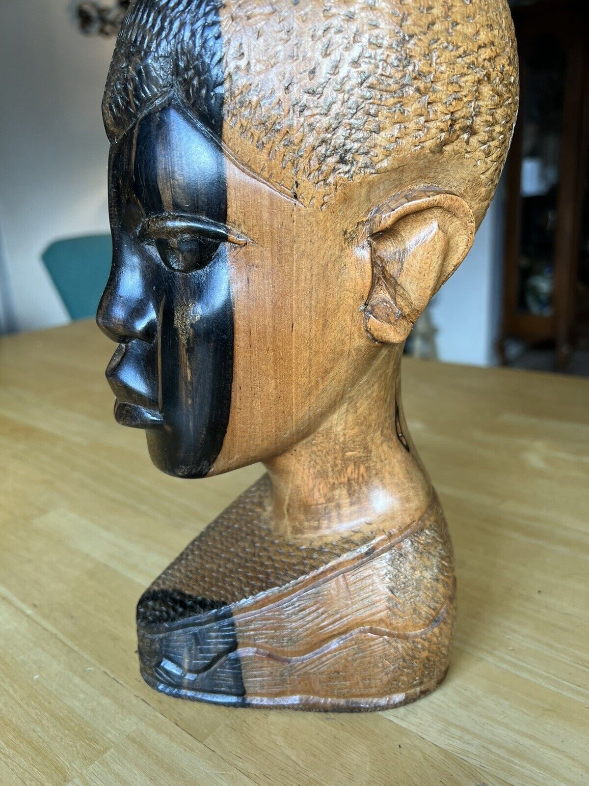 12” Sculpture Mid Century African Hand Carved Ebony Wood Male Head Bust Statue