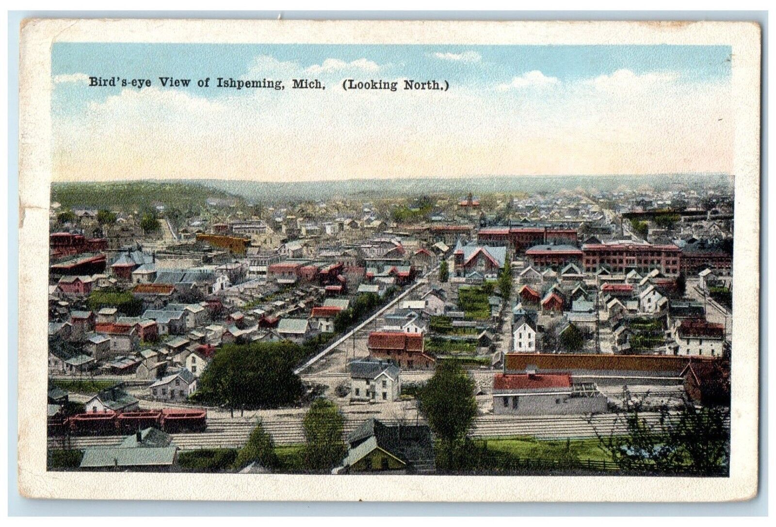1920 Bird\'s-Eye View Looking North Exterior Building Ishpeming Michigan Postcard