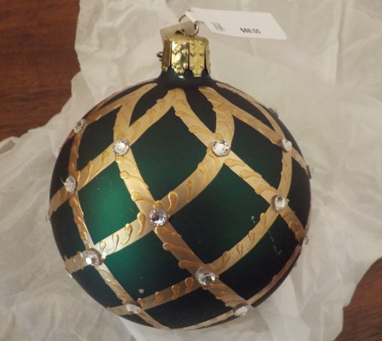 NWT Neiman Marcus Green and Gold Glass Ball, Germany, 3 1/4\