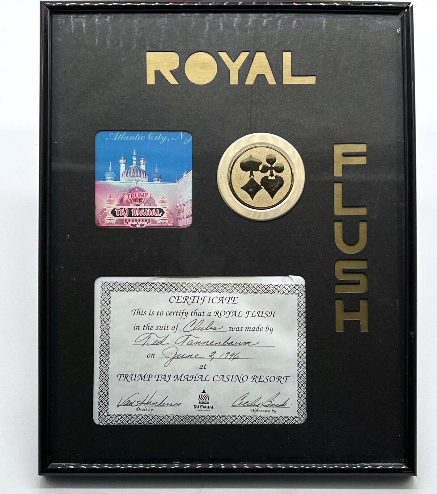 Trump Taj Mahal Casino Resort Vintage Framed Certificate - ROYAL FLUSH - 1996