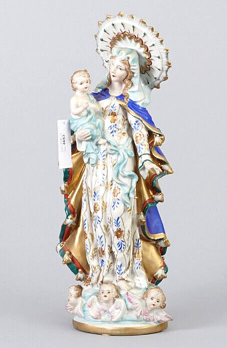 German marked porcelain madonna statue figurine with angels rare