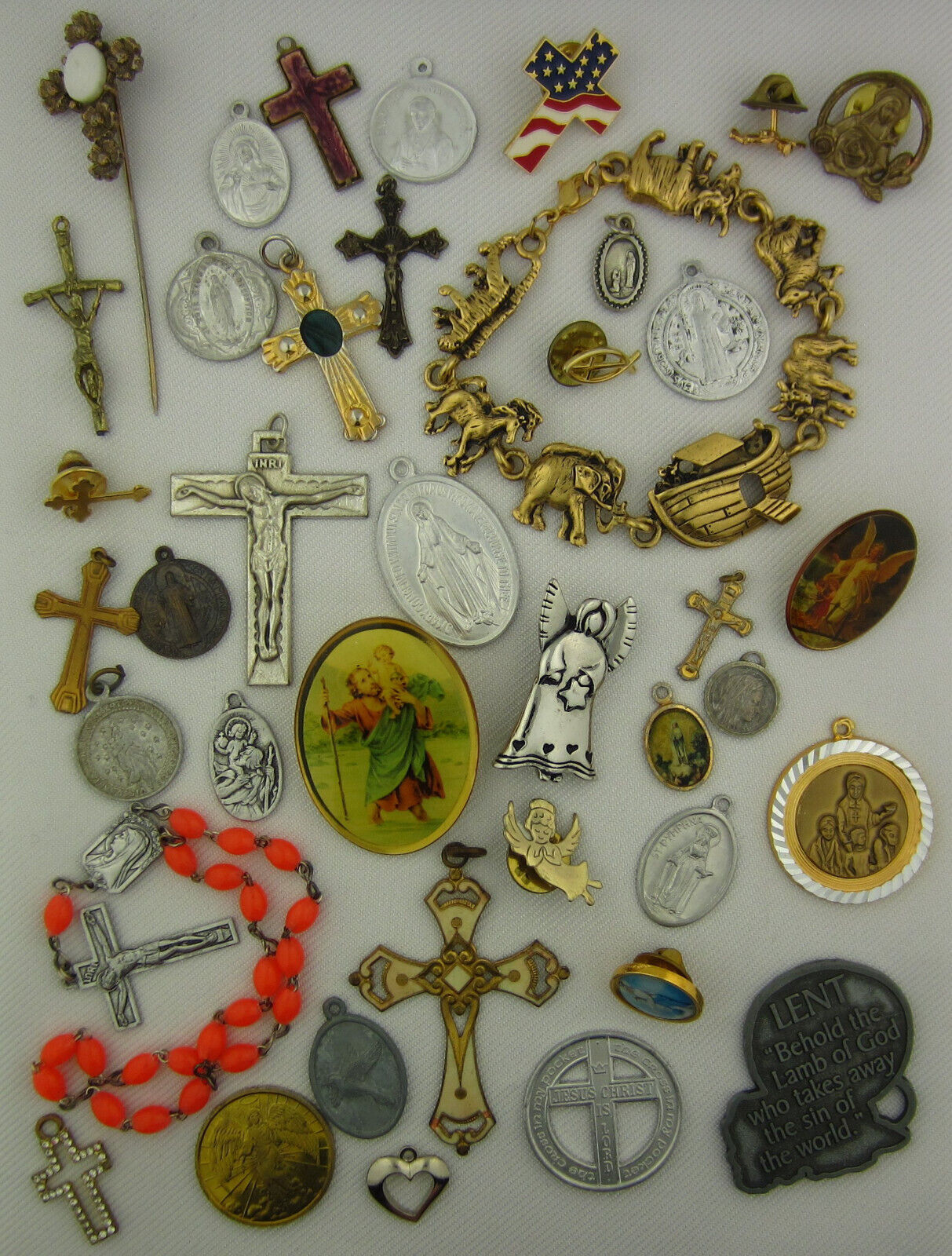 Vintage Catholic Lot of 40 Medals Crosses Pins Bracelet Religious Holy