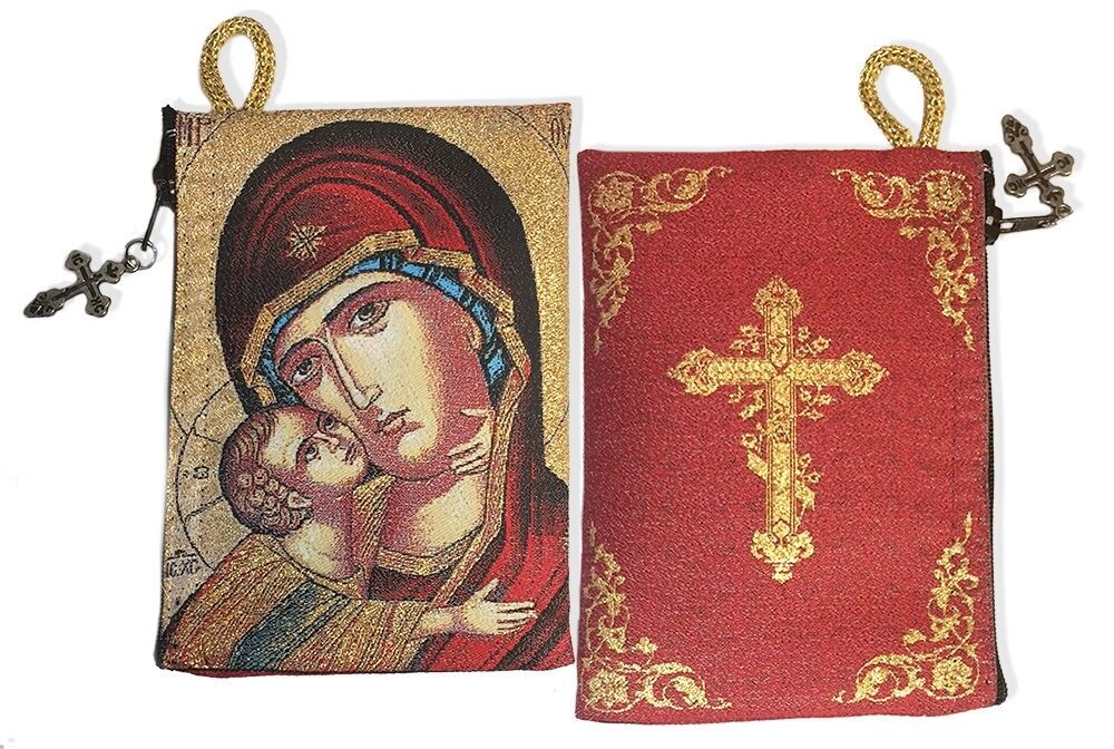 Reversible Sweet Kissing Madonna and Child Cross Tapestry Rosary Icon Pouch Case
