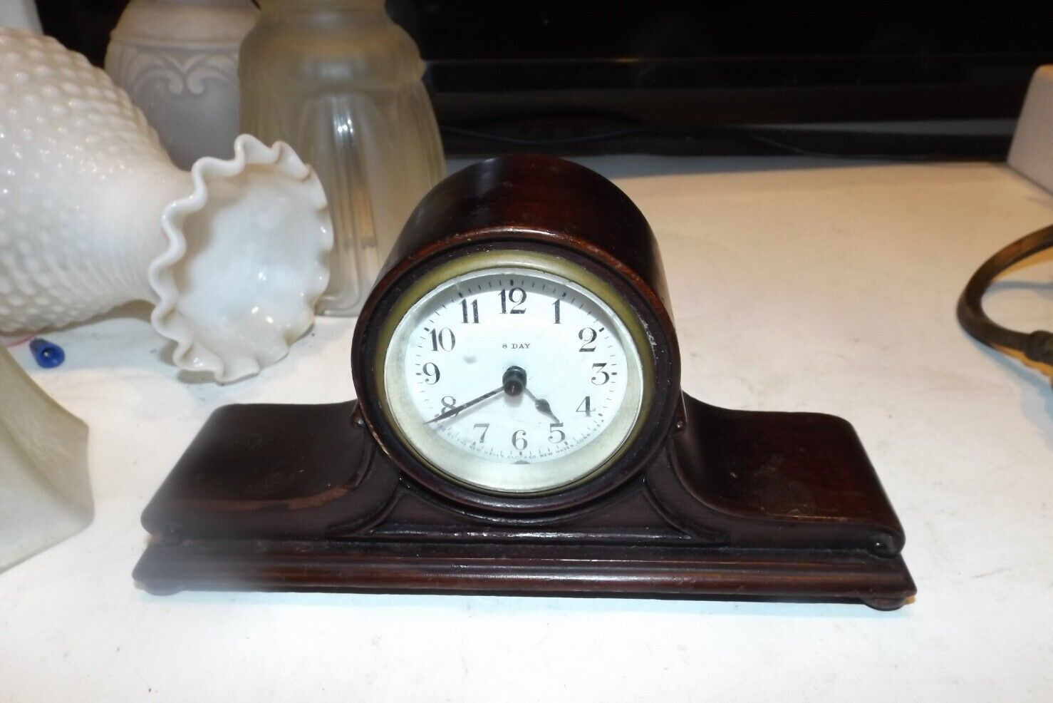 Antique 1930s New Haven 8 Day Miniature Solid Mahogany Desk Clock Runs