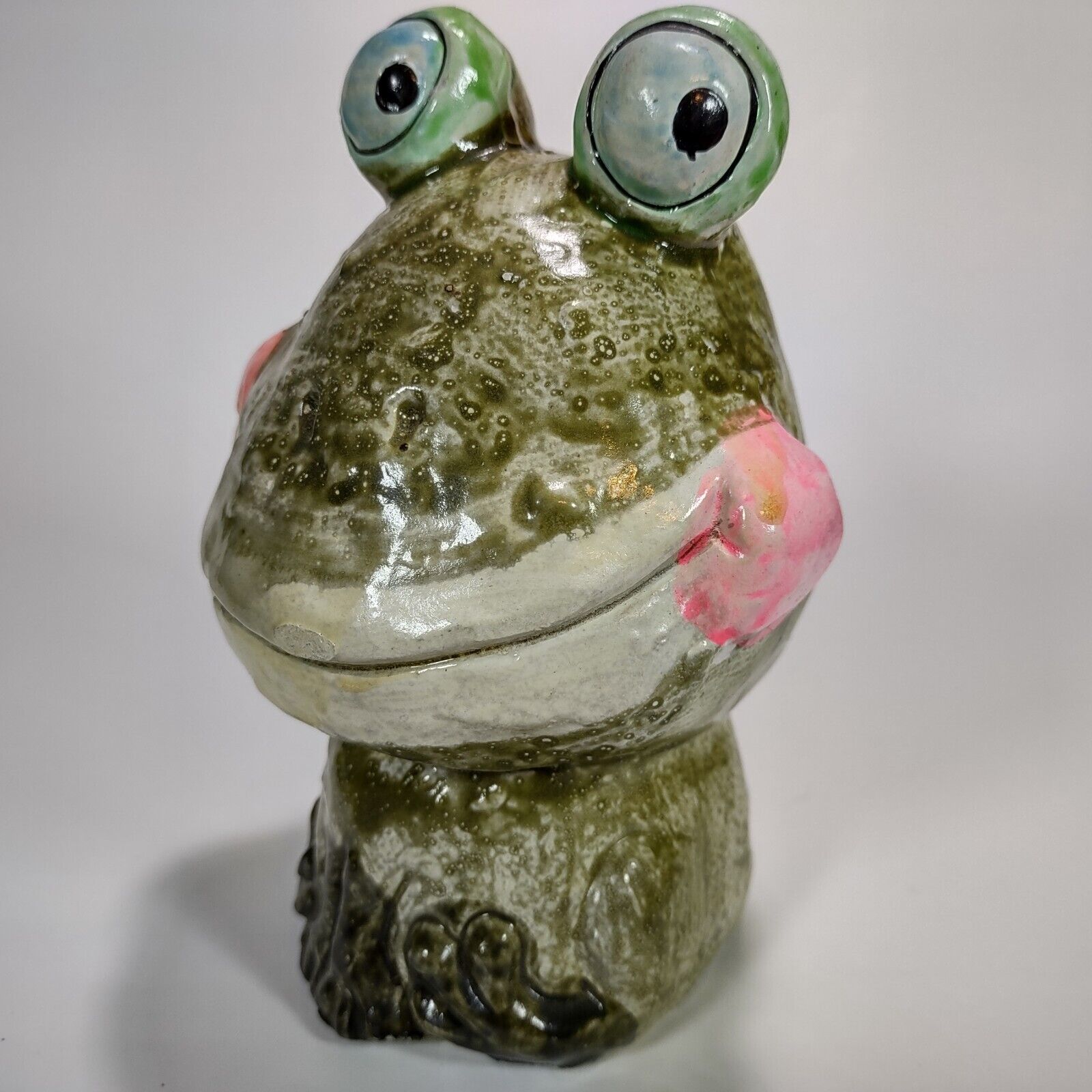 Vintage Derpy Smiling Frog Ceramic Coin Bank Hand Painted Made In Taiwan 5.5\