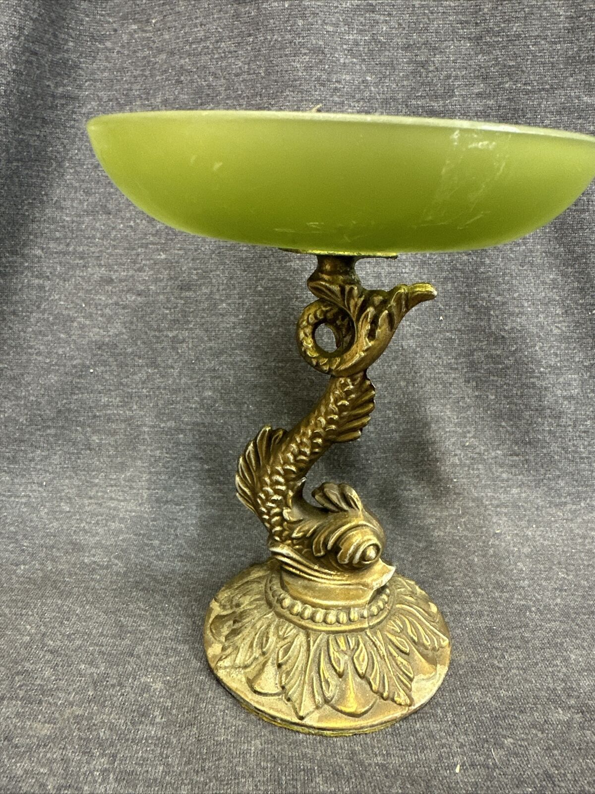 Vintage Bronze Koi Fish Dolphin Pedestal Dish With Green Glass 7.5” Tall