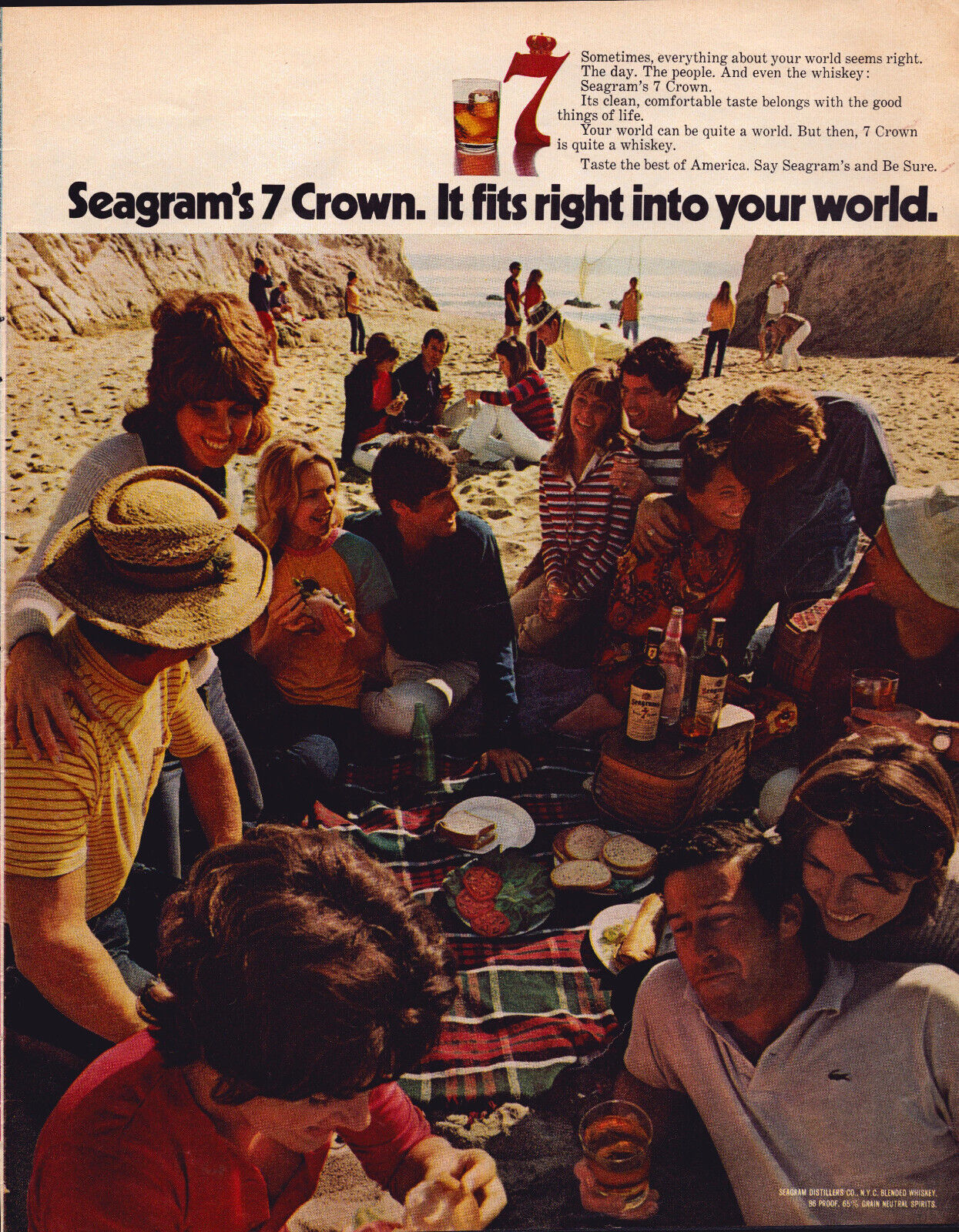 A3 Segram\'s 7 Seven Crown Advertising Print Ad People On Picnic Beach 10\'\' X 13