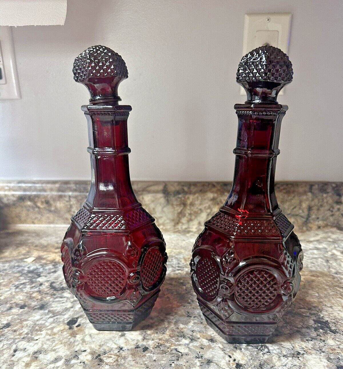 2 Ruby Red Cape Cod Glass 16 Oz Wine Decanter Or Vanity Bottle Vintage Avon 1876
