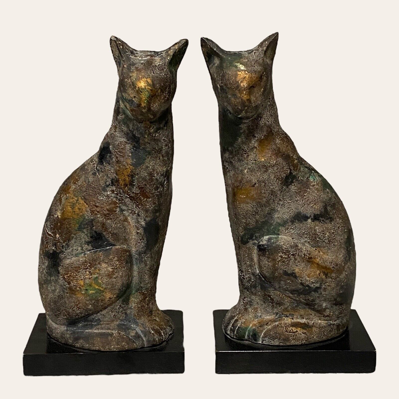Cat Cast Iron Bronze Bookends Vintage Set of 2 Patina on Wood Base 9\