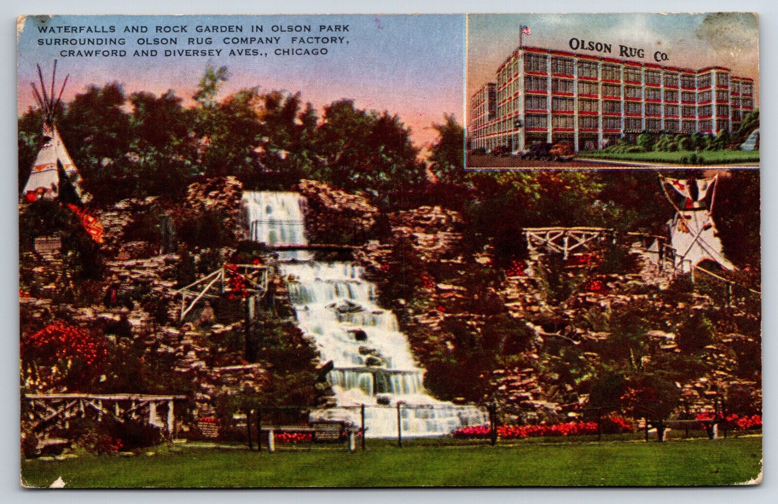 Olson Rug Co 1941 Chicago Illinois Advertising Olson Park Waterfalls Postcard