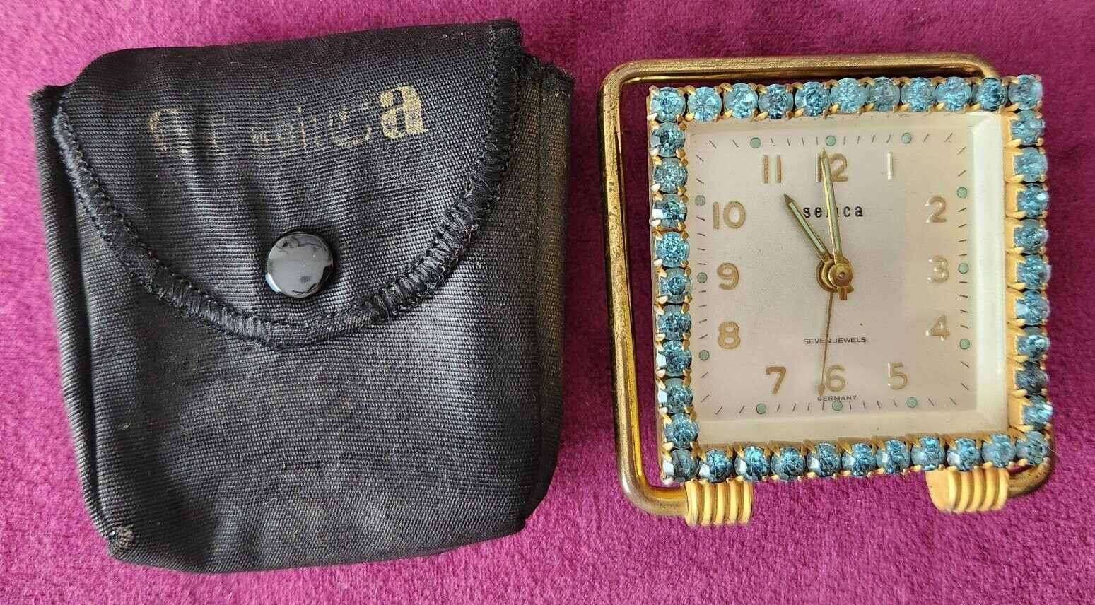 Vintage Semca Travel Alarm Clock Seven Jewel Edged Works w/Original Pouch