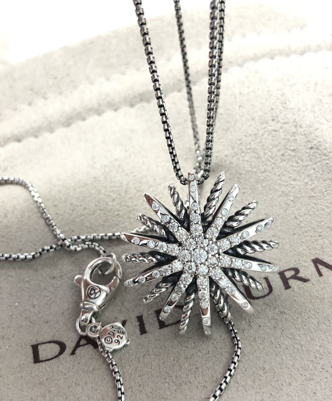 David Yurman 925 16mm Sterling Silver Diamonds Starburst Pendant Necklace
