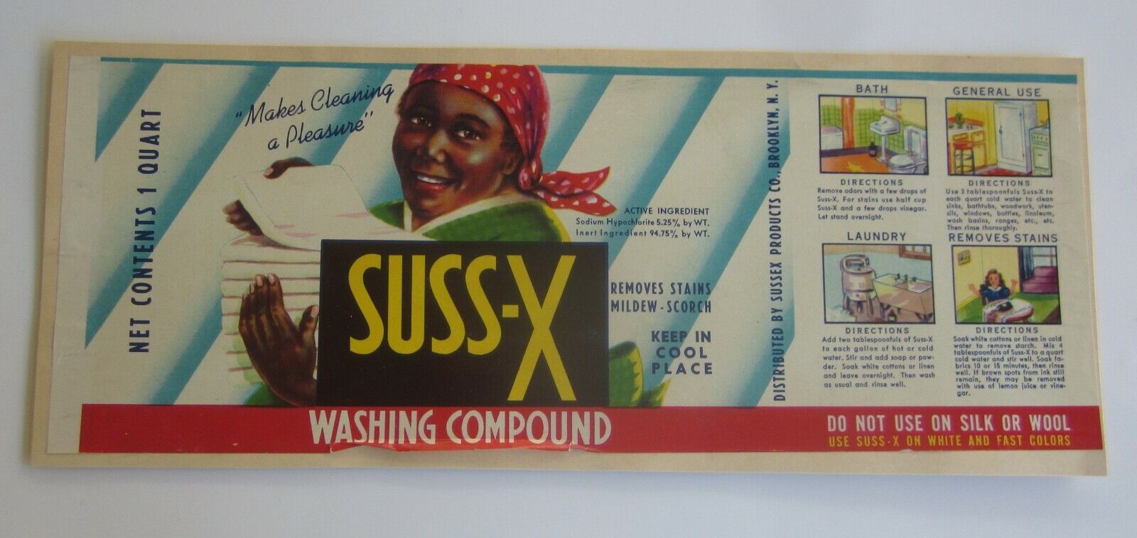 Old Vintage 1940\'s - SUSS-X - Cleaning Product - LABEL - Brooklyn N.Y.  - SAMPLE