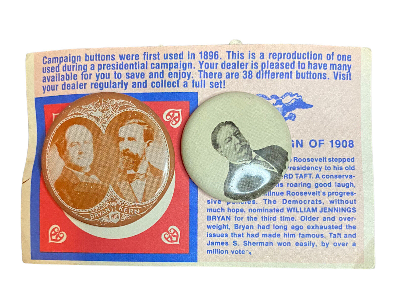 Vintage William Jennings Brian William Taft Campaign 1908 Repro Stick Pin Card