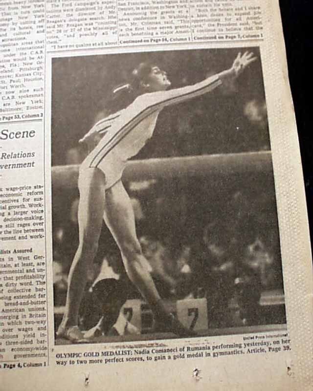 NADIA COMANECI Olympics Gymnastics Perfect Scores WINS GOLD MEDAL 1976 Newspaper