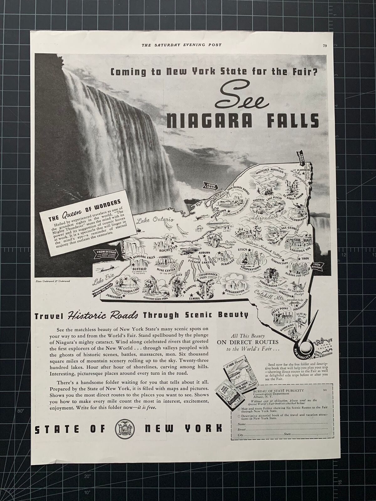 Vintage 1939 New York State Travel, Niagara Falls Print Ad