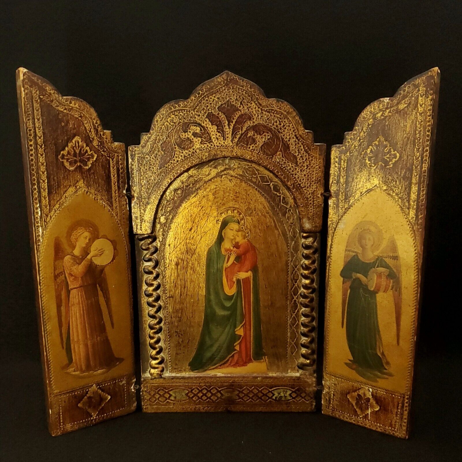 Vintage Madonna and Child Triptych Florentine Icon Gold Gilt Wooden Roma Italy  