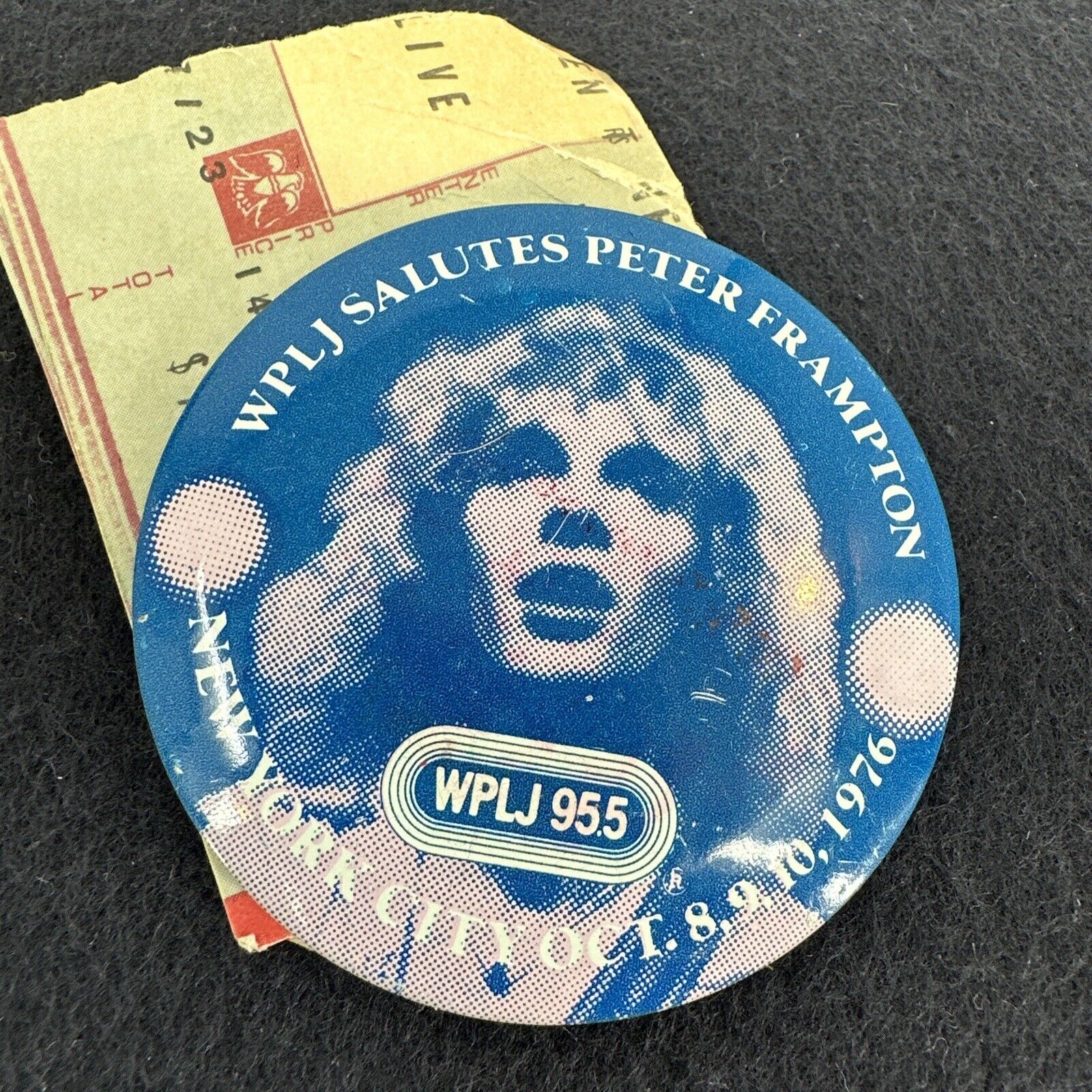 Rare Vintage 1976 PETER FRAMPTON Button/ Pin With Original Ticket Stubs As Found