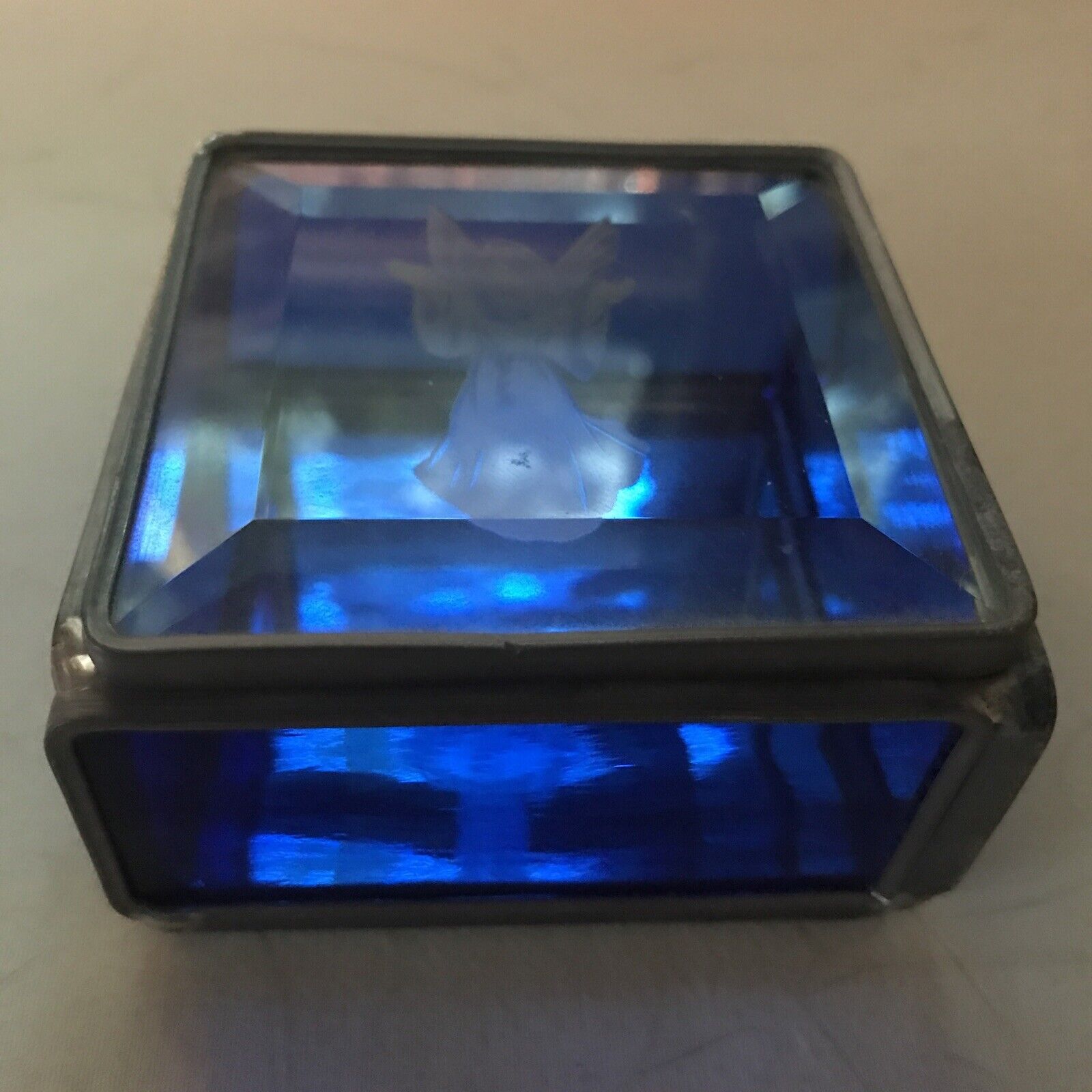 Vintage Leaded Blue  Glass Small Angle Box  Hinged Lid 3.25 X 3.25”