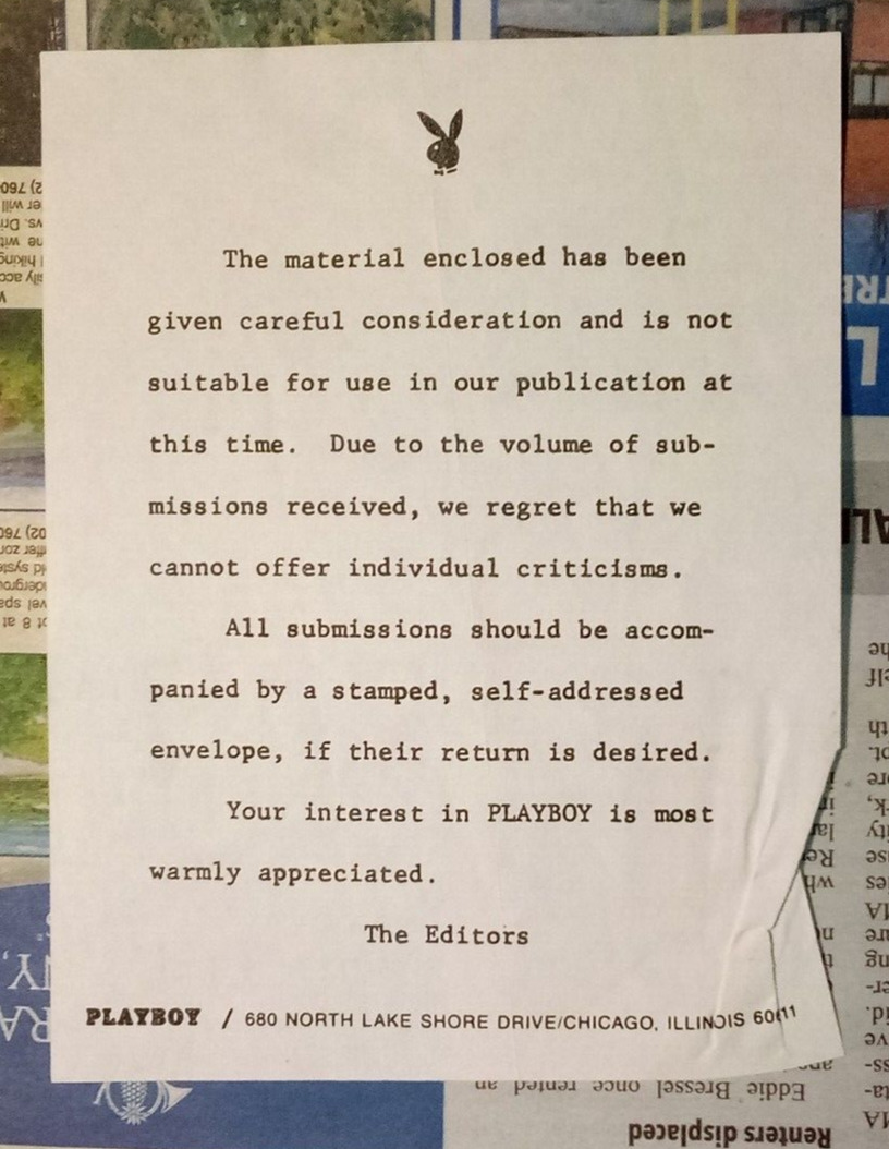 Playboy Magazine - Rejection Note - Chicago IL