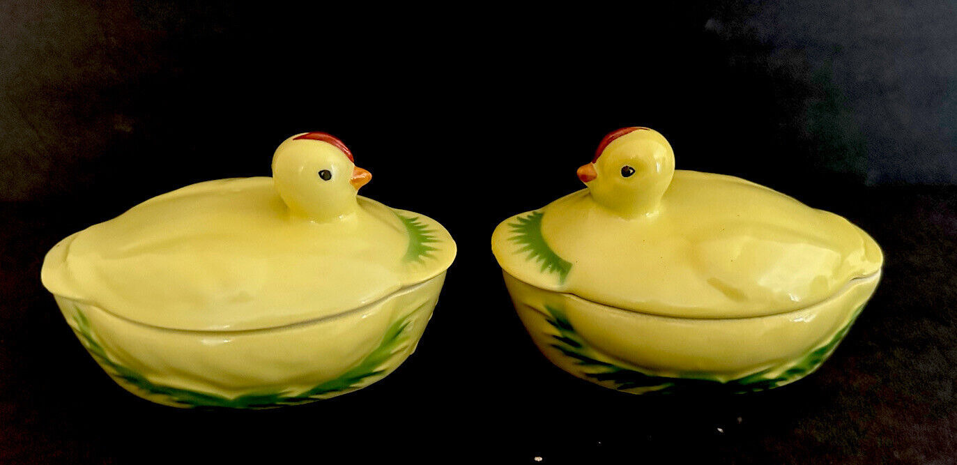 Vintage Czech PV Ceramic Chick Yellow Chicken Pair Covered Custard Dish set of 2