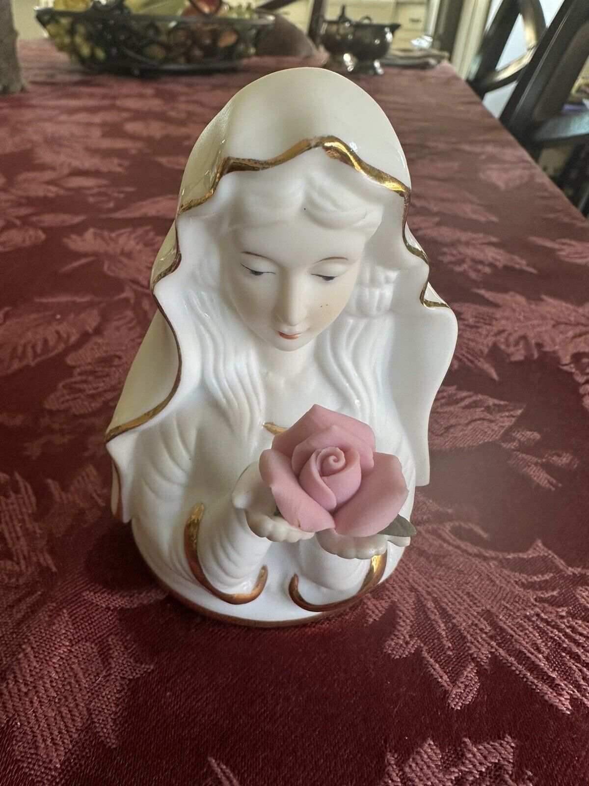 White Porcelain Madonna Holding Roses 4.5”