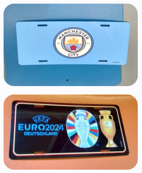 2 MANCHESTER CITY (1) AND 2024 EUROCUP (1)  ALUMINUM LICENSE PLATES  $30.00