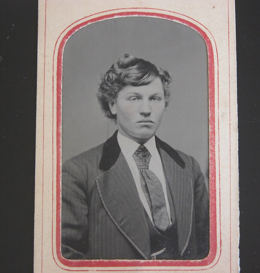 Antique 1890s Tintype Photograph Victorian Young Man Feminine Hair Femme Trans