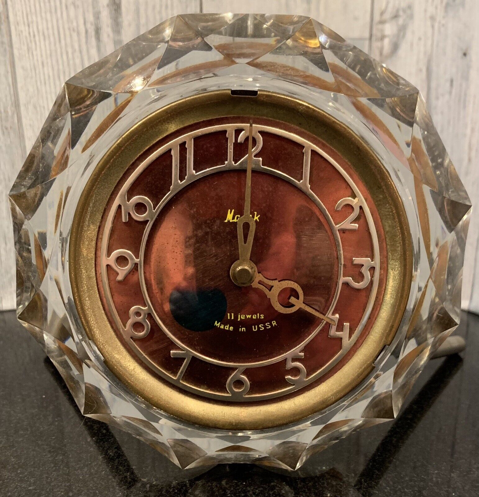Vintage USSR 11 Jewel Crystal Wind Up Mantel Desk Clock FOR PARTS OR REPAIR