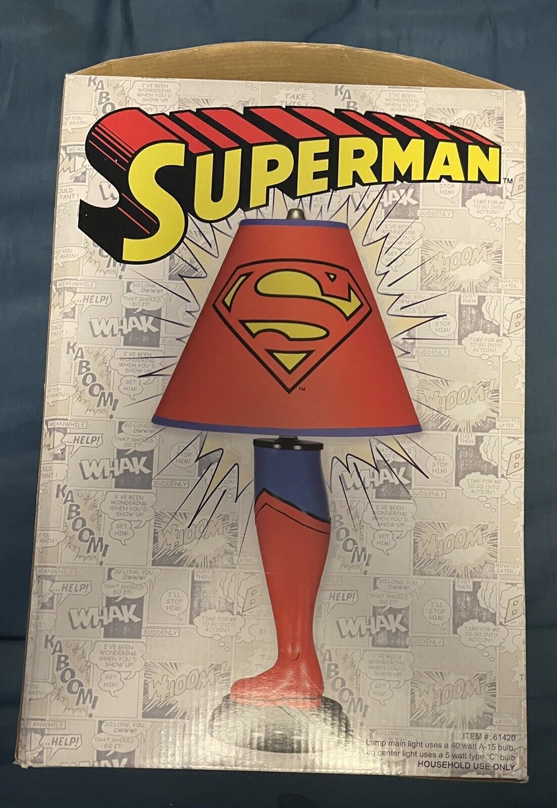 Rare 2013 DC Comics SUPERMAN Leg Lamp 20 inches With Shade • NICE BOX