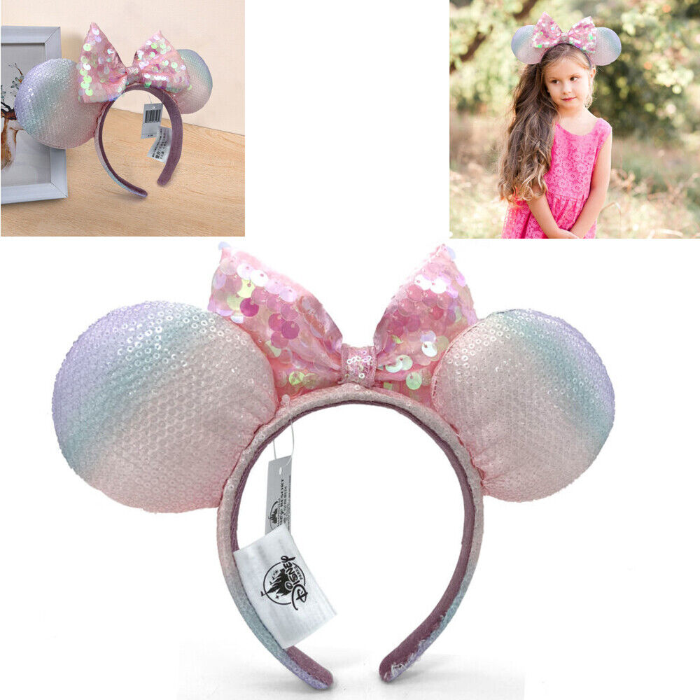 Rare Tokyo Disney/Resort Mickey Mouse Minnie Ears Rainbow Sequins-Bow Headband-